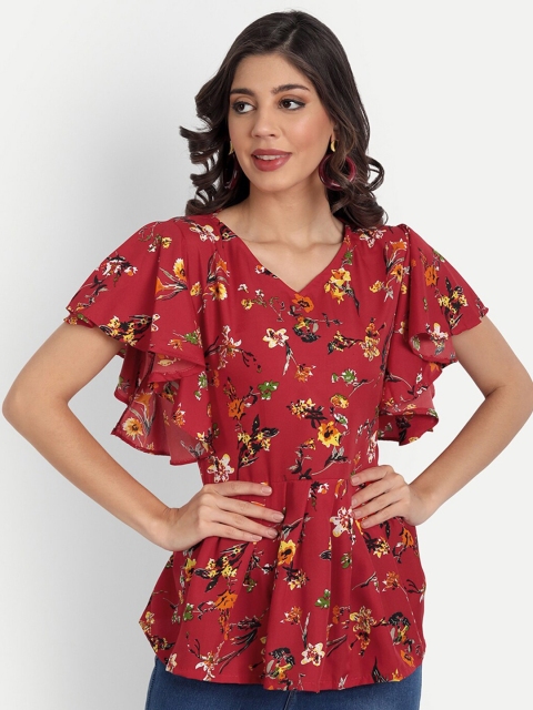 

GUNVANTI FAB Maroon Floral Print Crepe Cinched Waist Top