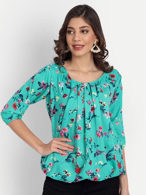 

GUNVANTI FAB Turquoise Blue Floral Print Crepe Blouson Top