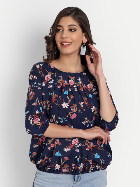 

GUNVANTI FAB Navy Blue Floral Print Crepe Blouson Top