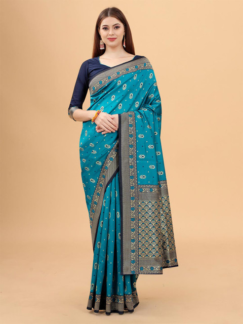 

WELL WORN Blue & Gold-Toned Woven Design Zari Silk Cotton Banarasi Saree