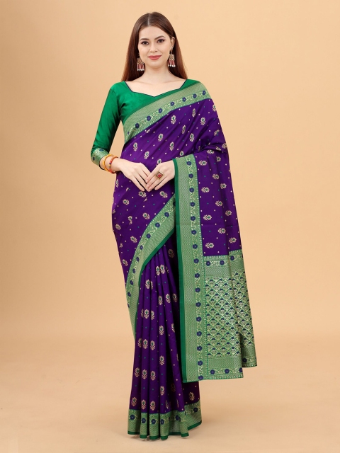 

WELL WORN Women Purple & Green Woven Design Zari Silk Cotton Banarasi Saree