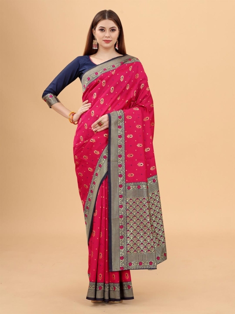 

WELL WORN Pink & Navy Blue Woven Design Silk Cotton Banarasi Saree
