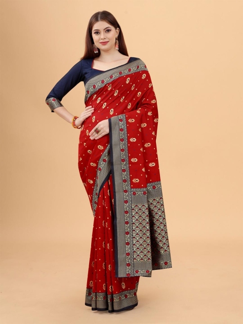 

WELL WORN Red & Navy Blue Woven Design Zari Silk Cotton Banarasi Saree