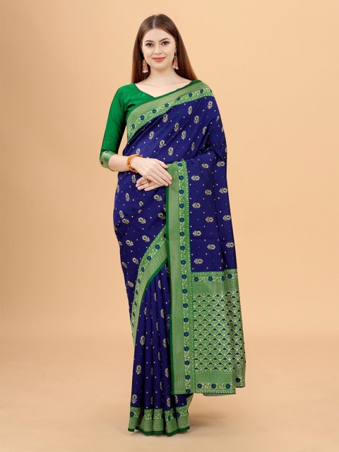 

WELL WORN Blue & Green Woven Design Zari Silk Cotton Banarasi Saree