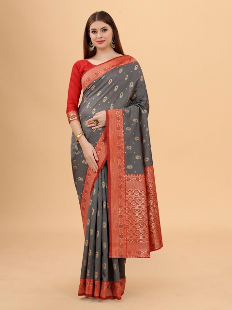 

WELL WORN Grey & Red Woven Design Zari Silk Cotton Banarasi Saree