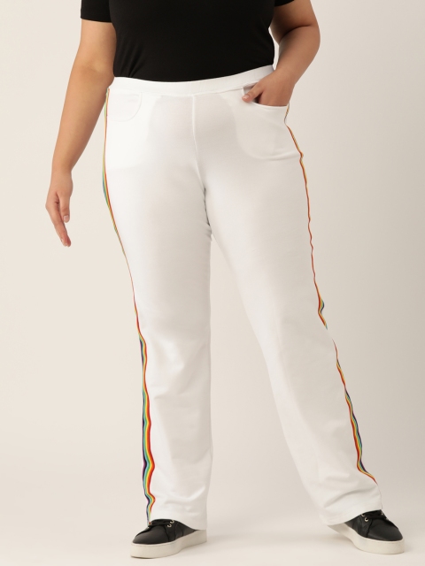 

Revolution Women White Side Striped High-Rise Plus Size Trousers