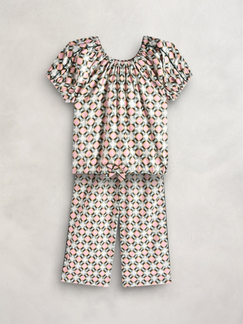 

Cherry Crumble Girls Grey & Pink Printed Night suit