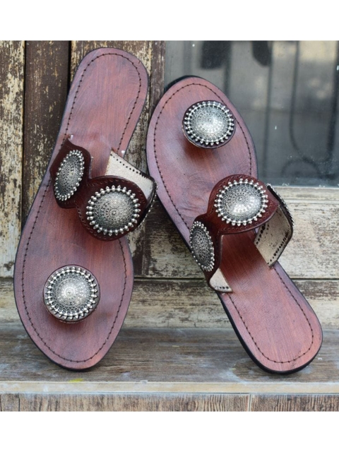 

JUTTIES MAKER Women Brown Embellished Leather Ethnic Flats