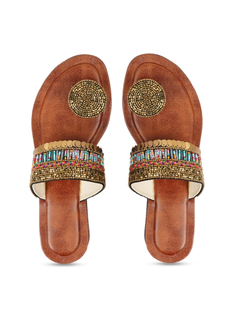 

JUTTIES MAKER Women Gold-Toned Embellished Leather Ethnic Flats
