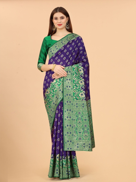 

WELL WORN Purple & Green Woven Design Zari Silk Cotton Banarasi Saree