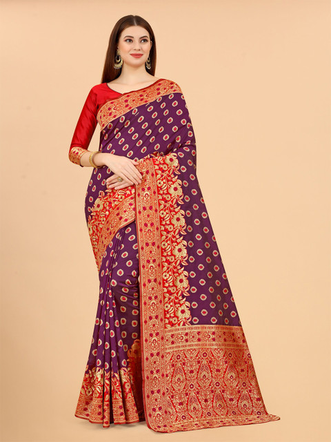 

WELL WORN Women Purple & Red Woven Design Zari Silk Cotton Banarasi Saree