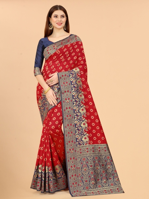 

WELL WORN Red & Navy Blue Ethnic Motifs Zari Silk Cotton Banarasi Saree