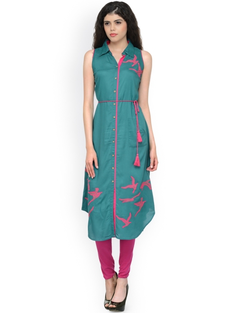 

Bitterlime Women Green A-Line Kurta with Patchwork