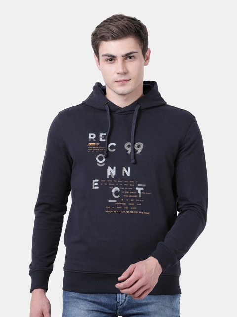 

t-base Men Navy Blue Printed Hooded Sweatshirt