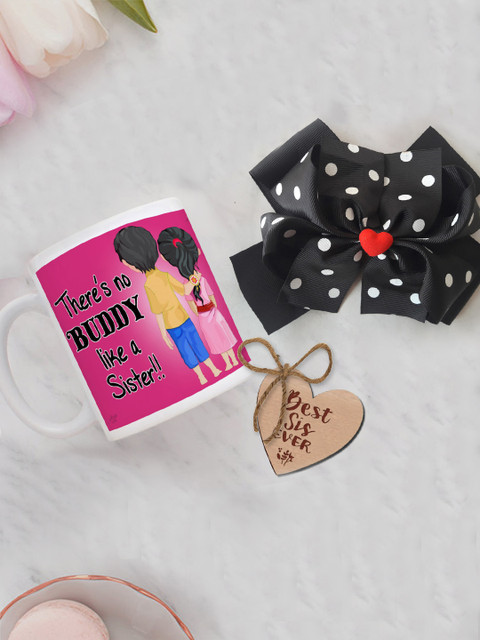 

TIED RIBBONS Multicoloured Printed Coffee Mug with Bow Hair Clip Rakhi Gift Set, Multi