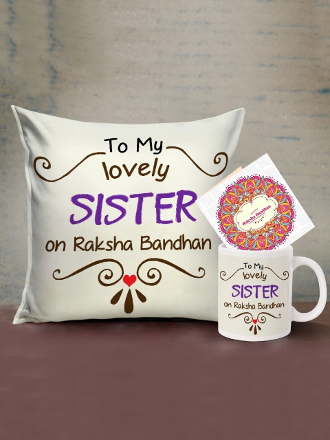 

TIED RIBBONS Off-White Printed Cushion with Coffee Mug Rakhi Gift Set