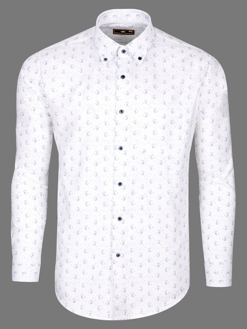 

FRENCH CROWN Men White & Blue Standard Printed Regular Fit Cotton Casual Shirt