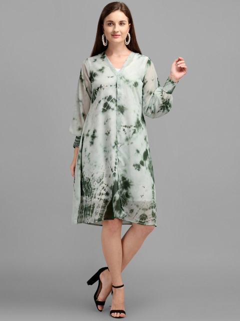 

VAANI CREATION Green & pastel gray Floral Georgette A-Line Dress
