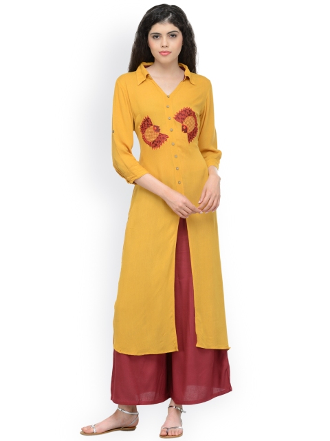 

Bitterlime Women Mustard Yellow Embroidered Straight Kurta