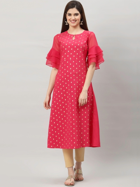 

ALC Creations Women Peach-Coloured Ethnic Motifs Keyhole Neck Flared Sleeves Thread Work Crepe Kurta