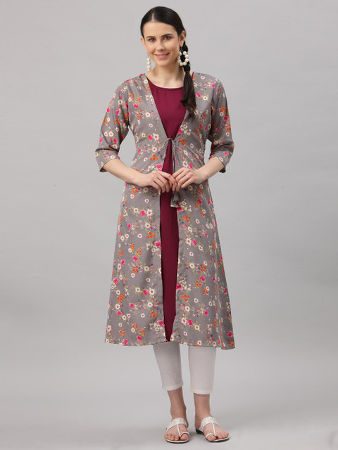 

ALC Creations Women Grey & Maroon Floral Printed Floral Jacquard Layered Crepe Kurta