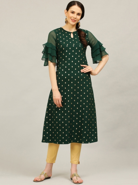 

ALC Creations Women Green Ethnic Motifs Printed Bell Sleeves Crepe A-Line Kurta