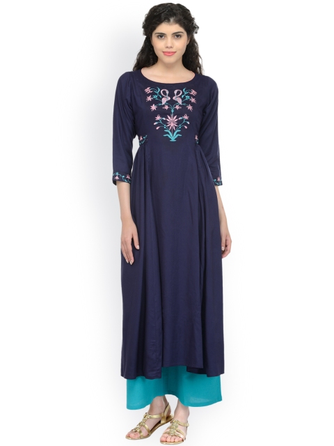 

Bitterlime Women Navy Embroidered Anarkali Kurta, Navy blue
