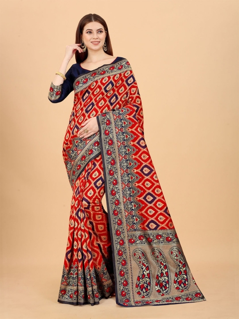 

INDI AVTAAR Red & Blue Woven Design Zari Silk Cotton Saree