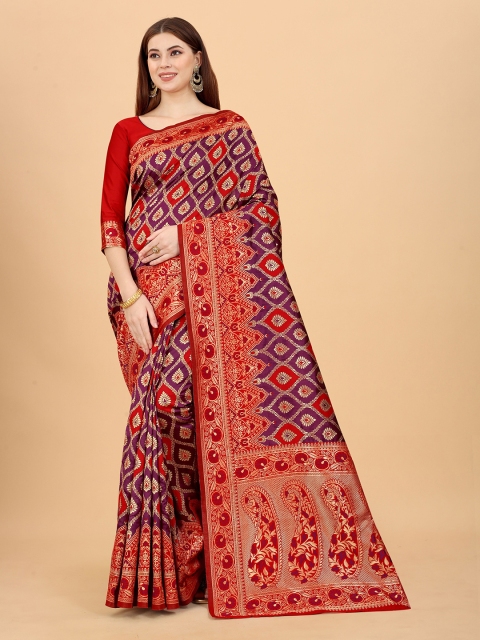 

INDI AVTAAR Red & Violet Woven Design Zari Silk Cotton Ready to Wear Banarasi Saree