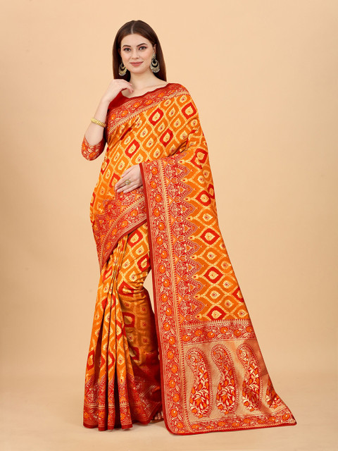 

INDI AVTAAR Gold-Toned & Red Woven Design Zari Silk Cotton Ready to Wear Banarasi Saree
