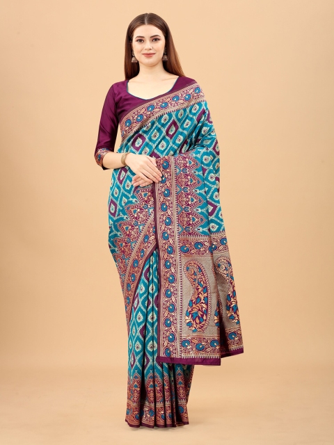 

INDI AVTAAR Blue & Purple Woven Design Zari Silk Cotton Ready to Wear Banarasi Saree