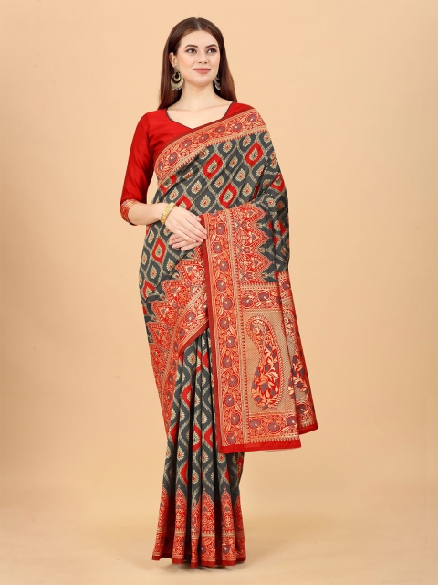 

INDI AVTAAR Green & Red Woven Design Zari Silk Cotton Ready to Wear Banarasi Saree