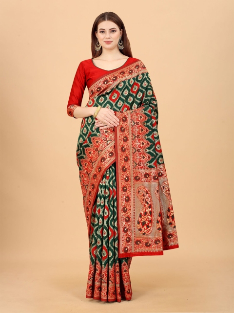 

INDI AVTAAR Red & Gold-Toned Woven Design Zari Silk Cotton Ready to Wear Banarasi Saree