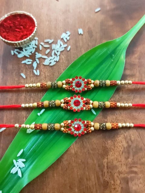 

CRAYTON Men Set Of 3 Gold-Toned White & Red Stone-Studded & Beaded Rakhi