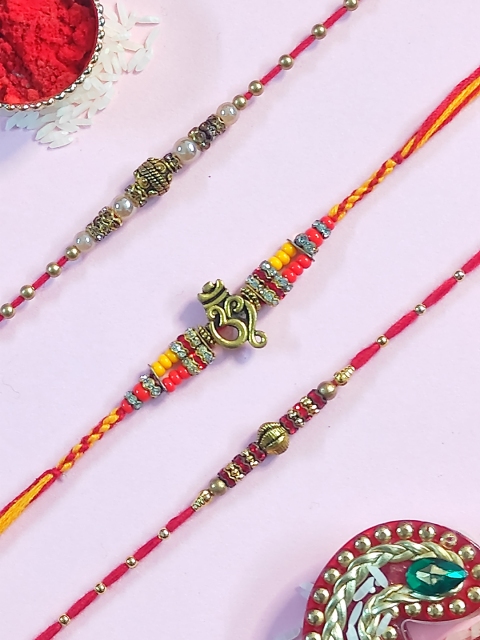 

CRAYTON Set Of 3 Red & Yellow Beaded Thead Rakhi