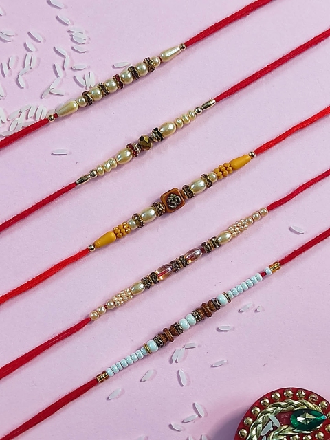 

CRAYTON Set Of 5 Red & White Beaded Thread Rakhi