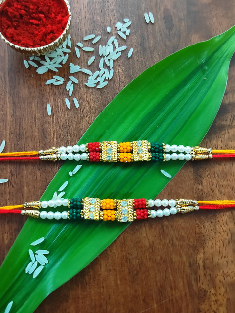 

CRAYTON Men Set Of 2 Gold-Toned White & Red Stone-Studded & Beaded Rakhi