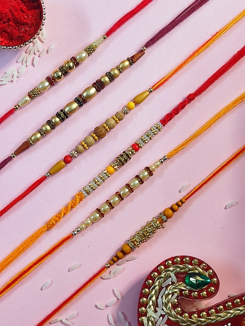 

CRAYTON Set Of 6 Red & Yellow Beaded Thread Rakhi