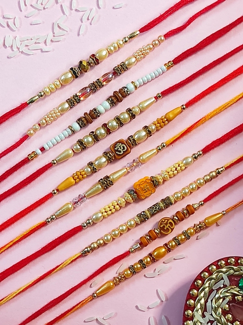 

CRAYTON Set Of 10 Beaded Thread Rakhi, Red