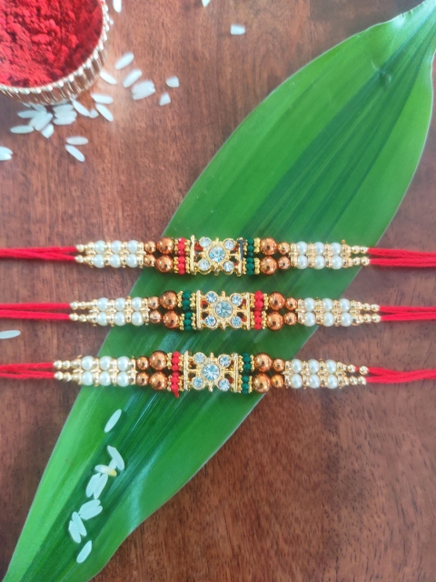 

CRAYTON Men Set Of 3 Red & White Stone Studded Thread Rakhi