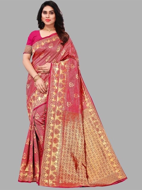 

RIVAMA Pink & Gold-Toned Woven Design Zari Silk Cotton Banarasi Saree
