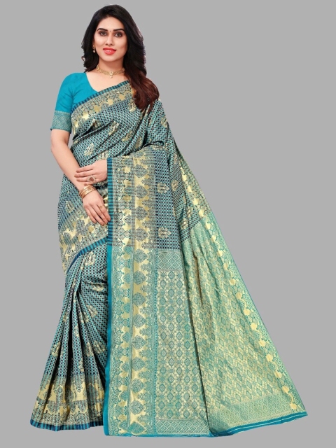 

RIVAMA Green & Gold-Toned Woven Design Zari Silk Cotton Banarasi Saree