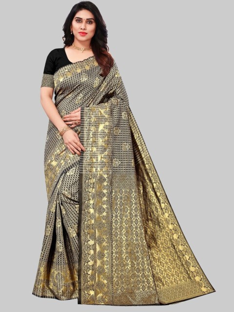 

RIVAMA Black & Gold-Toned Ethnic Motifs Zari Silk Cotton Banarasi Saree