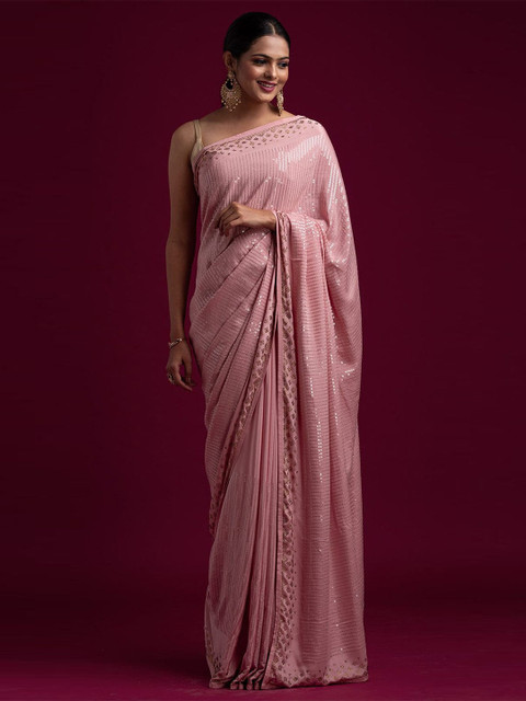 

elora Pink Embellished Sequinned Pure Georgette Bhagalpuri Saree