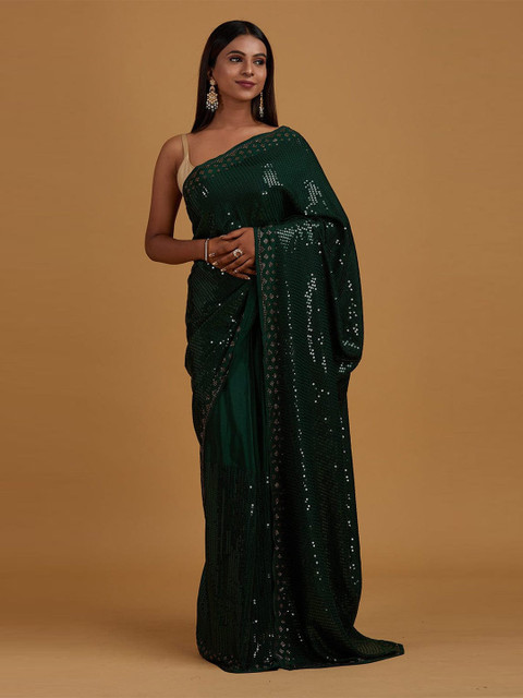 

elora Women Green Embellished Sequinned Pure Georgette Bhagalpuri Saree