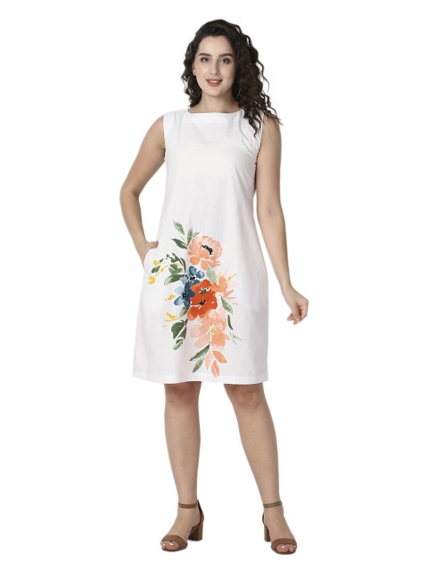 

Again fashions White & bright gray Floral A-Line Dress