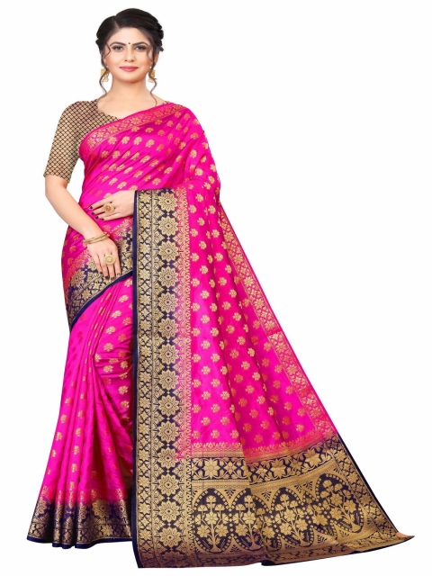 

MOKSHA DESIGNS Pink & Navy Blue Ethnic Motifs Zari Pure Silk Banarasi Saree