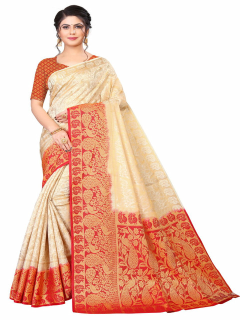 

MOKSHA DESIGNS White & Red Woven Design Zari Pure Silk Banarasi Saree