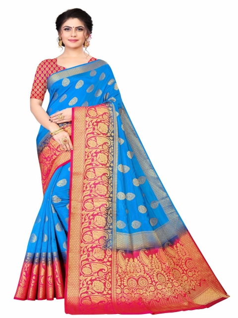 

MOKSHA DESIGNS Blue & Red Woven Design Zari Pure Silk Banarasi Saree