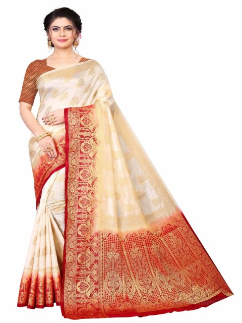 

MOKSHA DESIGNS Off White & Red Woven Design Pure Silk Banarasi Saree